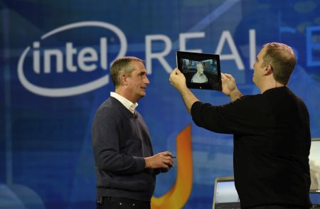 In this photo released by Intel Corporation, Brian Krzanich, Intel's Chief Executive Officer, shows how Intel is helping gamers personalize their experiences. Krzanich, who made this demonstration during his keynote presentation at the 2016 International CES (Consumer Electronics Show) on Tuesday, January 5, 2016 in Las Vegas, used a tablet enabled by Intel’s RealSense™ Technology and Uraniom software to scan himself in 3D and then import the render to customize his in-game character in Fallout 4. CES is one of the world’s largest gathering places for all who thrive on consumer technologies and will run from January 5-9, 2016 in Las Vegas. (Photo by Intel Corporation/Bob Riha, Jr.)